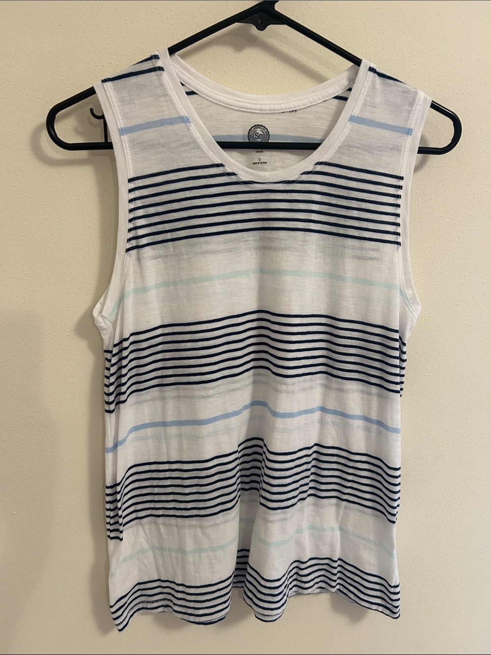 SO White Tank Top with Navy and Light Blue Stripes